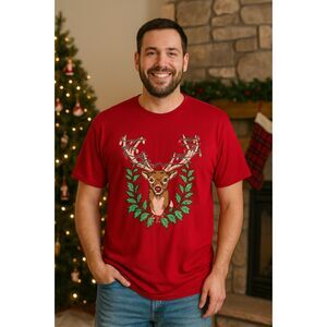 Men XL Red Festive Reindeer Graphics Christmas T-Shirt String Light Holiday TeeD